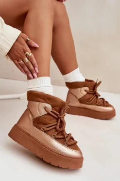 Hot Boto Niskie Śniegowce Damskie Ocieplane Futerkiem Z Grubym Wiązaniem Camel Xarina Brązowy