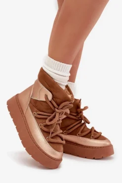 Hot Boto Niskie Śniegowce Damskie Ocieplane Futerkiem Z Grubym Wiązaniem Camel Xarina Brązowy