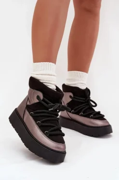 Śniegowce Damskie>Boto Niskie Śniegowce Damskie Ocieplane Futerkiem Z Grubym Wiązaniem Czarne Xarina Czarny