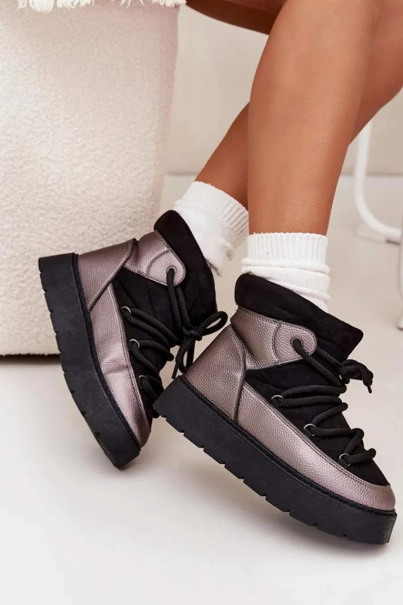 Śniegowce Damskie>Boto Niskie Śniegowce Damskie Ocieplane Futerkiem Z Grubym Wiązaniem Czarne Xarina Czarny