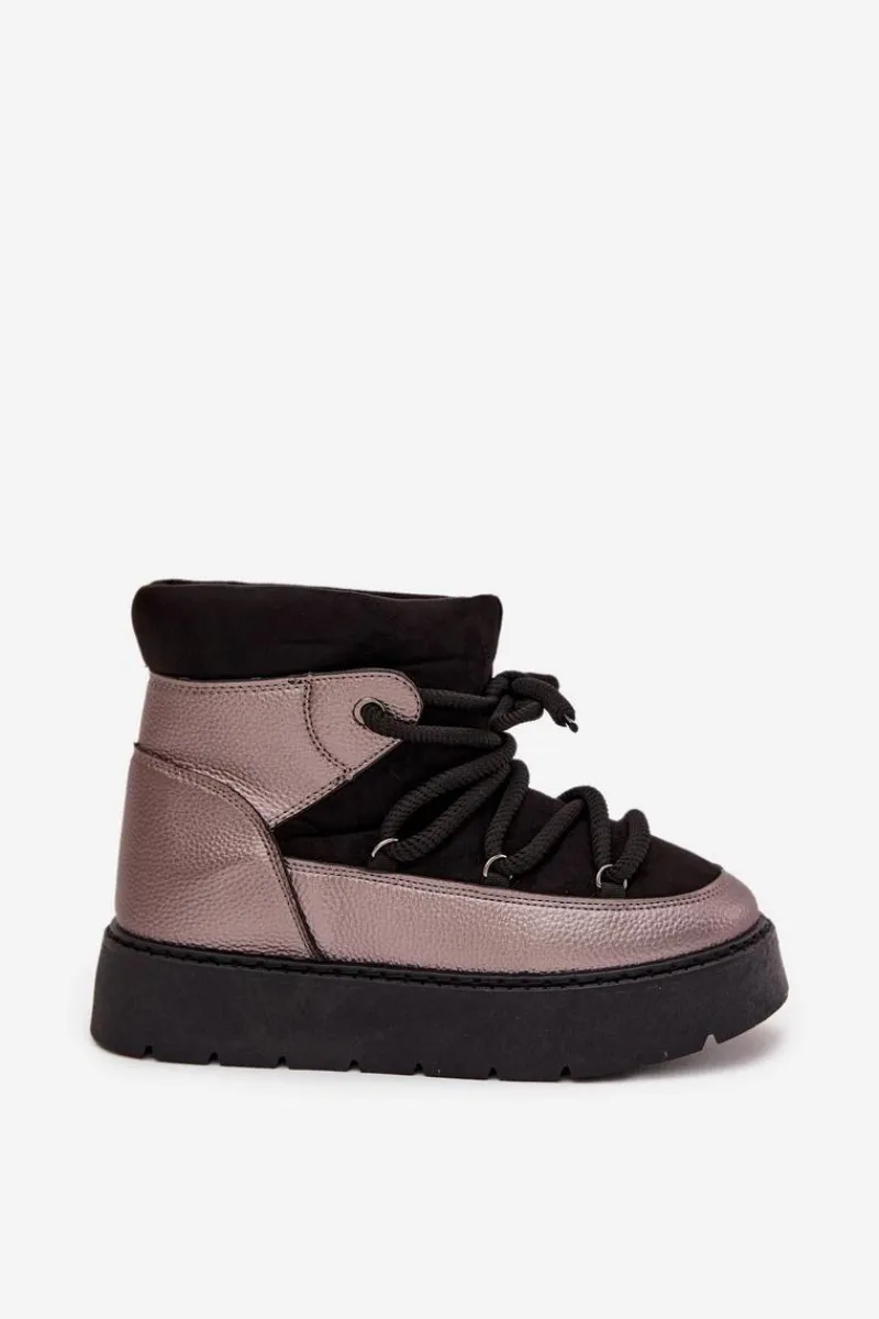 Śniegowce Damskie>Boto Niskie Śniegowce Damskie Ocieplane Futerkiem Z Grubym Wiązaniem Czarne Xarina Czarny