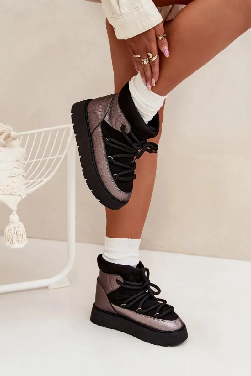 Śniegowce Damskie>Boto Niskie Śniegowce Damskie Ocieplane Futerkiem Z Grubym Wiązaniem Czarne Xarina Czarny