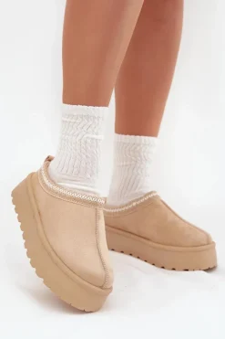 Śniegowce Damskie|Kapcie Klasyczne>Boto Niskie Śniegowce Damskie Z Haftem Na Platformie Jasnobeżowe Narirya Beżowy