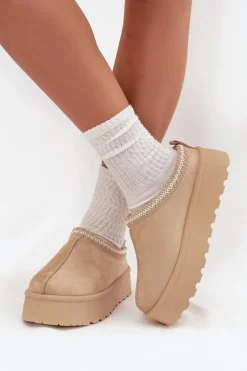 Śniegowce Damskie|Kapcie Klasyczne></noscript>Boto Niskie Śniegowce Damskie Z Haftem Na Platformie Jasnobeżowe Narirya Beżowy