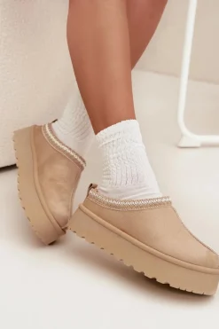 Śniegowce Damskie|Kapcie Klasyczne></noscript>Boto Niskie Śniegowce Damskie Z Haftem Na Platformie Jasnobeżowe Narirya Beżowy