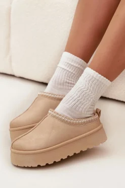 Śniegowce Damskie|Kapcie Klasyczne></noscript>Boto Niskie Śniegowce Damskie Z Haftem Na Platformie Jasnobeżowe Narirya Beżowy