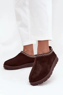 Discount Niskie Śniegowce Damskie Z Haftem Czekoladowe Juvielle Damskie Śniegowce Damskie|Kapcie Klasyczne