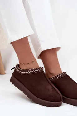 Discount Niskie Śniegowce Damskie Z Haftem Czekoladowe Juvielle Damskie Śniegowce Damskie|Kapcie Klasyczne