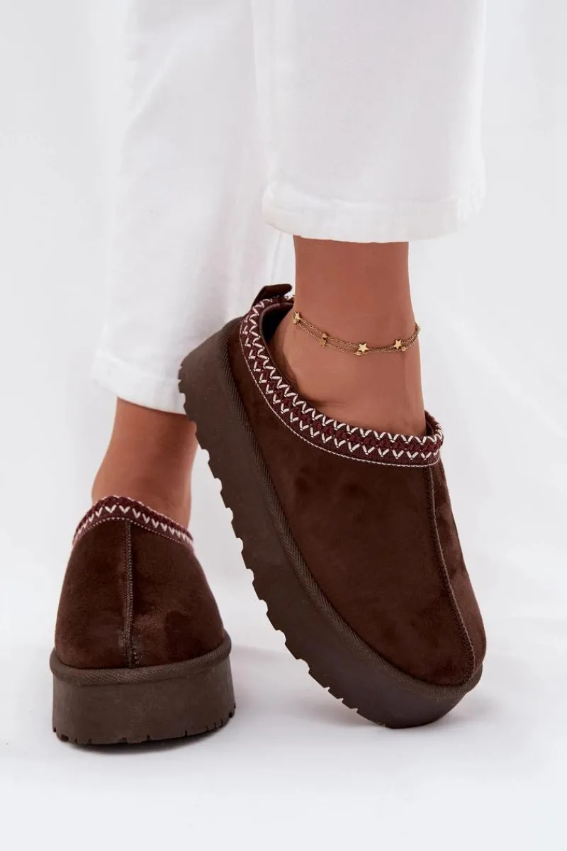 Śniegowce Damskie|Kapcie Klasyczne>Boto Niskie Śniegowce Damskie Z Haftem Na Platformie Czekoladowe Narirya