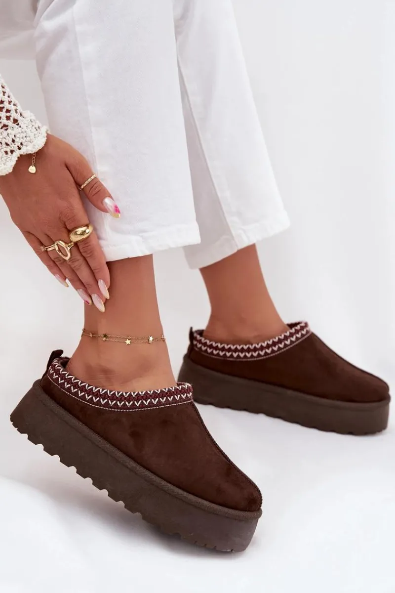 Śniegowce Damskie|Kapcie Klasyczne>Boto Niskie Śniegowce Damskie Z Haftem Na Platformie Czekoladowe Narirya