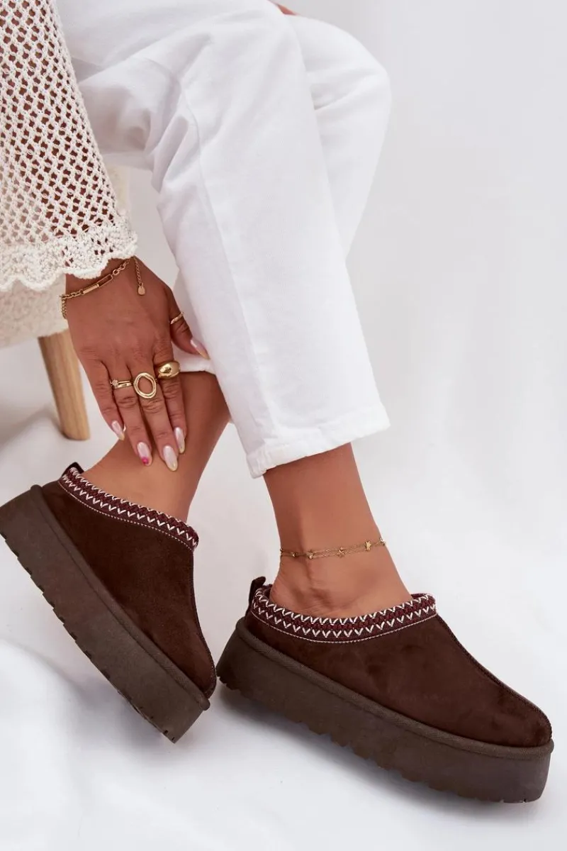 Śniegowce Damskie|Kapcie Klasyczne>Boto Niskie Śniegowce Damskie Z Haftem Na Platformie Czekoladowe Narirya