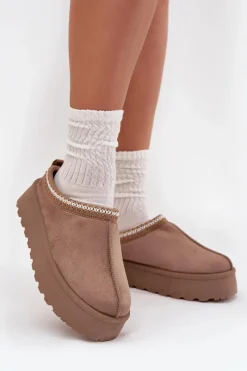 Best Boto Niskie Śniegowce Damskie Z Haftem Na Platformie Ciemnobeżowe Narirya