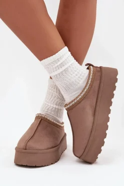 Best Boto Niskie Śniegowce Damskie Z Haftem Na Platformie Ciemnobeżowe Narirya