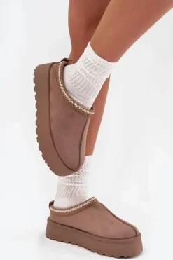 Best Boto Niskie Śniegowce Damskie Z Haftem Na Platformie Ciemnobeżowe Narirya