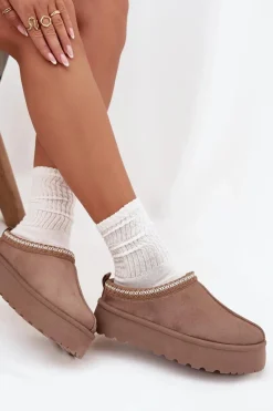 Best Boto Niskie Śniegowce Damskie Z Haftem Na Platformie Ciemnobeżowe Narirya