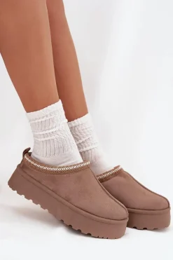 Best Boto Niskie Śniegowce Damskie Z Haftem Na Platformie Ciemnobeżowe Narirya