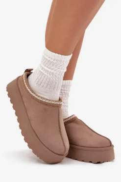 Best Boto Niskie Śniegowce Damskie Z Haftem Na Platformie Ciemnobeżowe Narirya