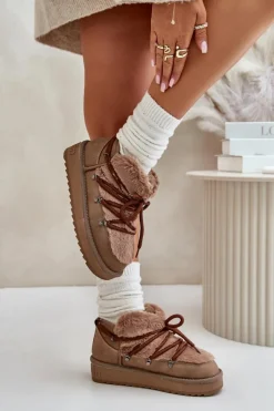 Best Niskie Śniegowce Na Platformie Z Futerkiem DFSH370011 Brązowe Damskie Śniegowce Damskie