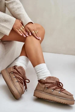 Best Niskie Śniegowce Na Platformie Z Futerkiem DFSH370011 Brązowe Damskie Śniegowce Damskie