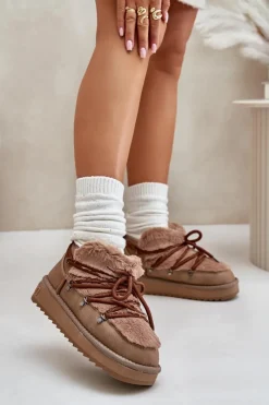 Best Niskie Śniegowce Na Platformie Z Futerkiem DFSH370011 Brązowe Damskie Śniegowce Damskie