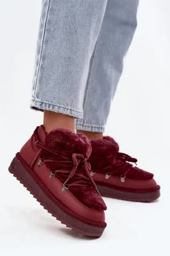 Hot Niskie Śniegowce Na Platformie Z Futerkiem DFSH370011 Bordowe Damskie Śniegowce Damskie