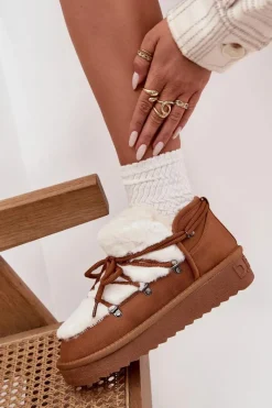 Śniegowce Damskie></noscript>D.Franklin Niskie Śniegowce Na Platformie Z Futerkiem DFSH370011 Camel Brązowy