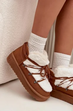 Śniegowce Damskie></noscript>D.Franklin Niskie Śniegowce Na Platformie Z Futerkiem DFSH370011 Camel Brązowy