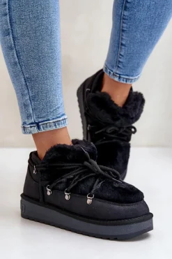 Śniegowce Damskie>D.Franklin Niskie Śniegowce Na Platformie Z Futerkiem DFSH370011 Czarne Czarny