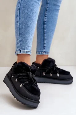 Śniegowce Damskie>D.Franklin Niskie Śniegowce Na Platformie Z Futerkiem DFSH370011 Czarne Czarny