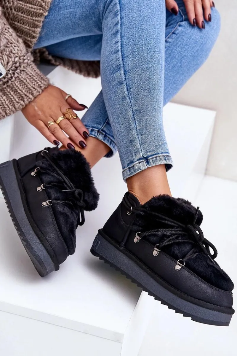 Śniegowce Damskie>D.Franklin Niskie Śniegowce Na Platformie Z Futerkiem DFSH370011 Czarne Czarny