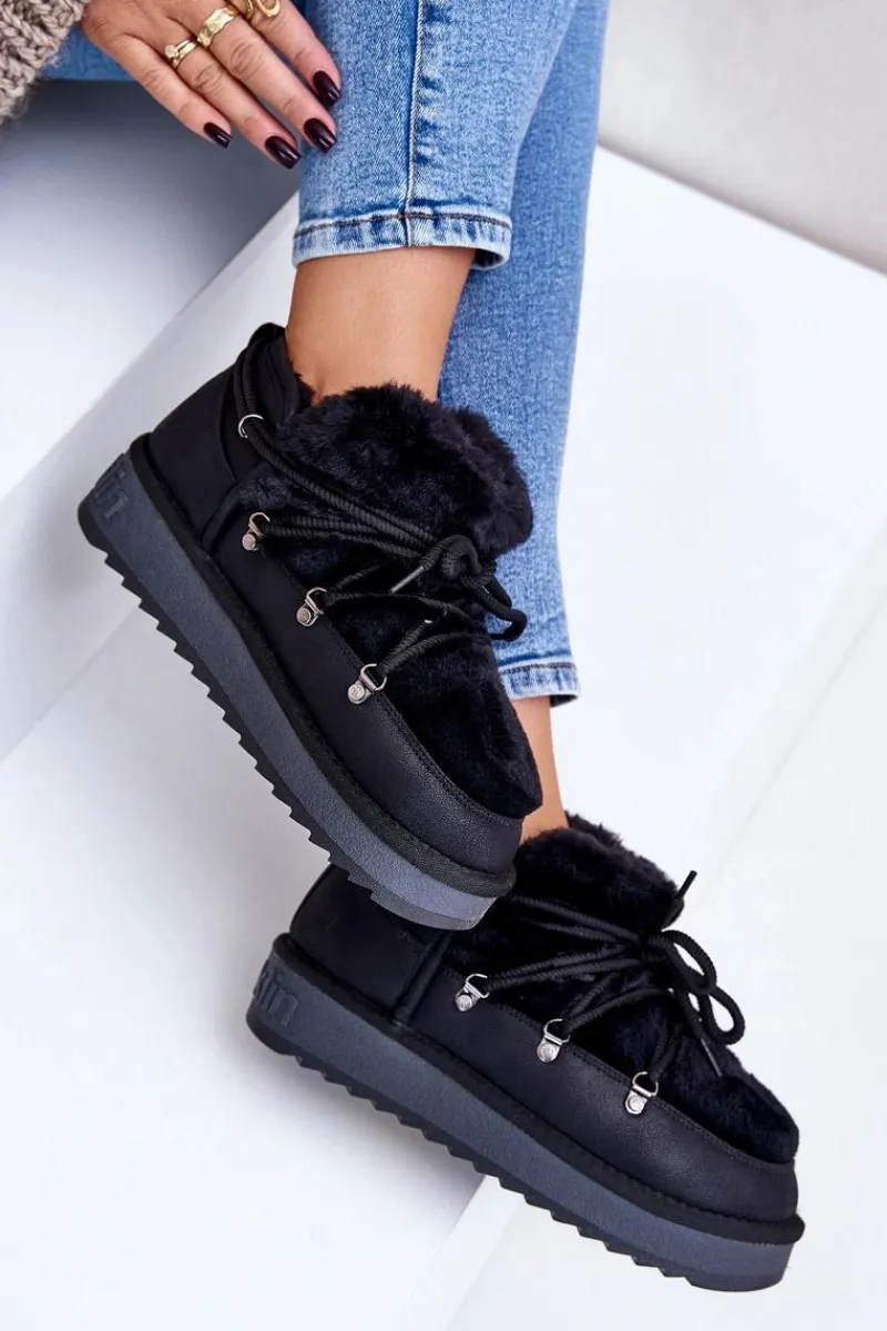 Śniegowce Damskie>D.Franklin Niskie Śniegowce Na Platformie Z Futerkiem DFSH370011 Czarne Czarny