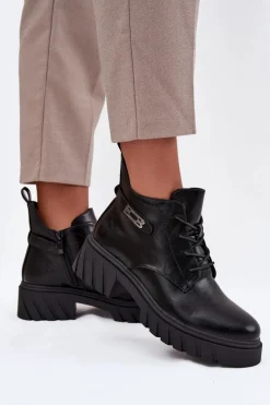 New Niskie Ocieplane Botki Damskie Na Klocku Z Ozdobnym Paskiem Czarne Therisse Damskie Botki Ocieplane|Botki Sznurowane