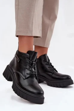 New Niskie Ocieplane Botki Damskie Na Klocku Z Ozdobnym Paskiem Czarne Therisse Damskie Botki Ocieplane|Botki Sznurowane