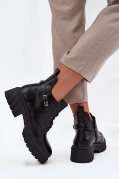 New Niskie Ocieplane Botki Damskie Na Klocku Z Ozdobnym Paskiem Czarne Therisse Damskie Botki Ocieplane|Botki Sznurowane