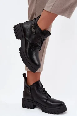 New Niskie Ocieplane Botki Damskie Na Klocku Z Ozdobnym Paskiem Czarne Therisse Damskie Botki Ocieplane|Botki Sznurowane