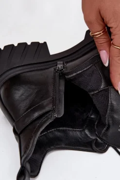 New Niskie Ocieplane Botki Damskie Na Klocku Z Ozdobnym Paskiem Czarne Therisse Damskie Botki Ocieplane|Botki Sznurowane