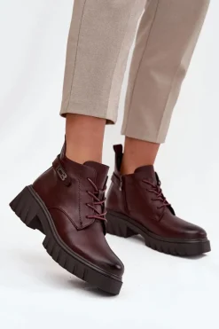 Online Niskie Ocieplane Botki Damskie Na Klocku Z Ozdobnym Paskiem Bordowe Therisse Damskie Botki Ocieplane|Botki Sznurowane
