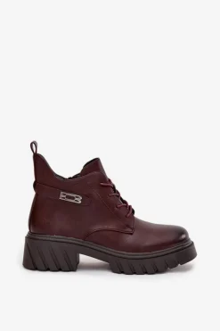Online Niskie Ocieplane Botki Damskie Na Klocku Z Ozdobnym Paskiem Bordowe Therisse Damskie Botki Ocieplane|Botki Sznurowane