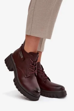 Online Niskie Ocieplane Botki Damskie Na Klocku Z Ozdobnym Paskiem Bordowe Therisse Damskie Botki Ocieplane|Botki Sznurowane