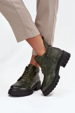 Sale Boto Niskie Ocieplane Botki Damskie Na Klocku Z Ozdobnym Paskiem Ciemnozielone Therisse Zielony