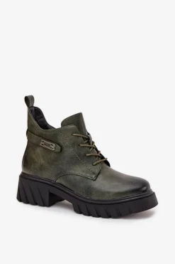 Sale Boto Niskie Ocieplane Botki Damskie Na Klocku Z Ozdobnym Paskiem Ciemnozielone Therisse Zielony