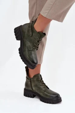 Sale Boto Niskie Ocieplane Botki Damskie Na Klocku Z Ozdobnym Paskiem Ciemnozielone Therisse Zielony