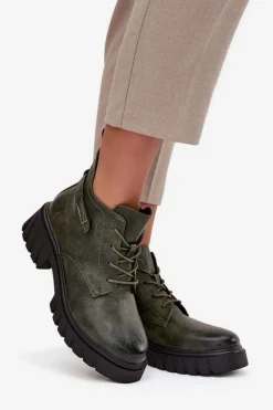 Sale Boto Niskie Ocieplane Botki Damskie Na Klocku Z Ozdobnym Paskiem Ciemnozielone Therisse Zielony