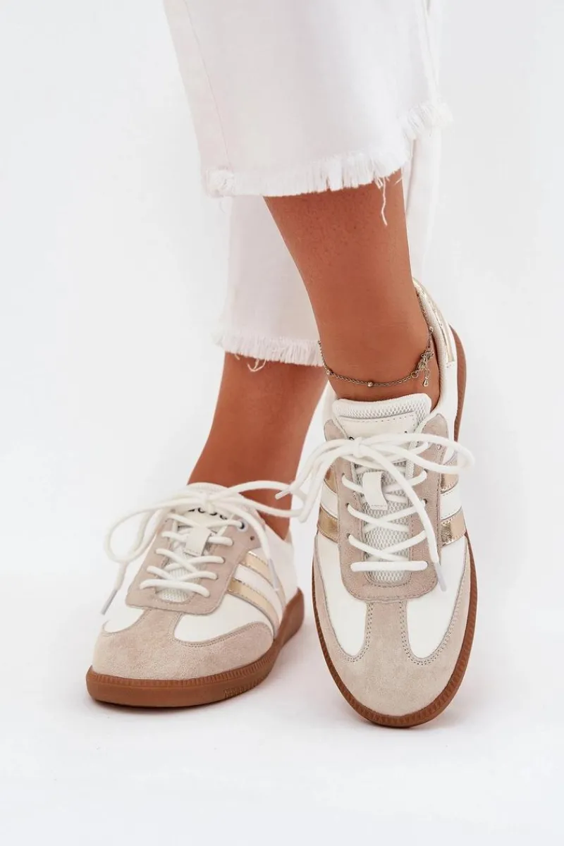 Sale Boto Niskie Skórzane Sneakersy Damskie Biało-Złote Ismina