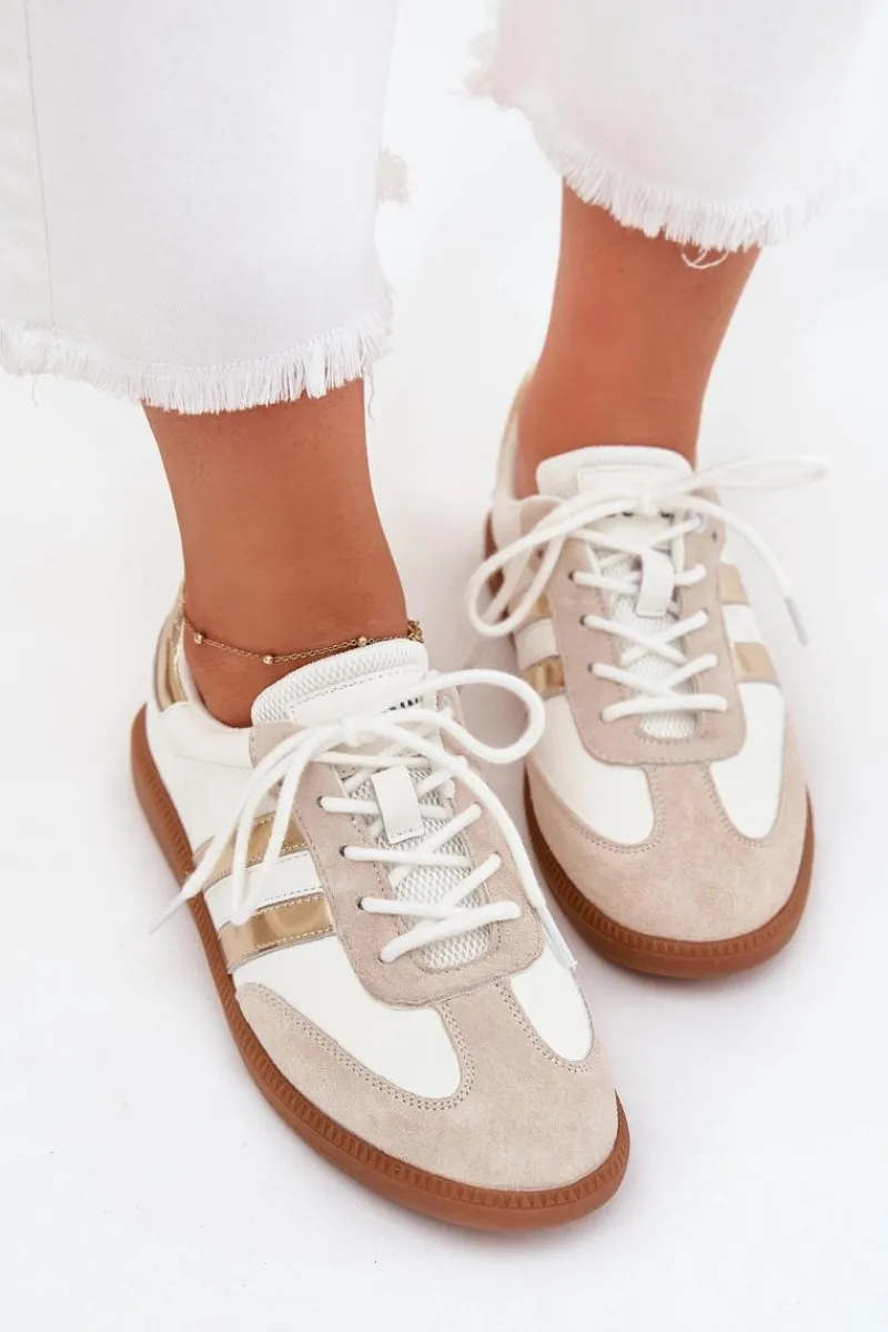 Sale Boto Niskie Skórzane Sneakersy Damskie Biało-Złote Ismina