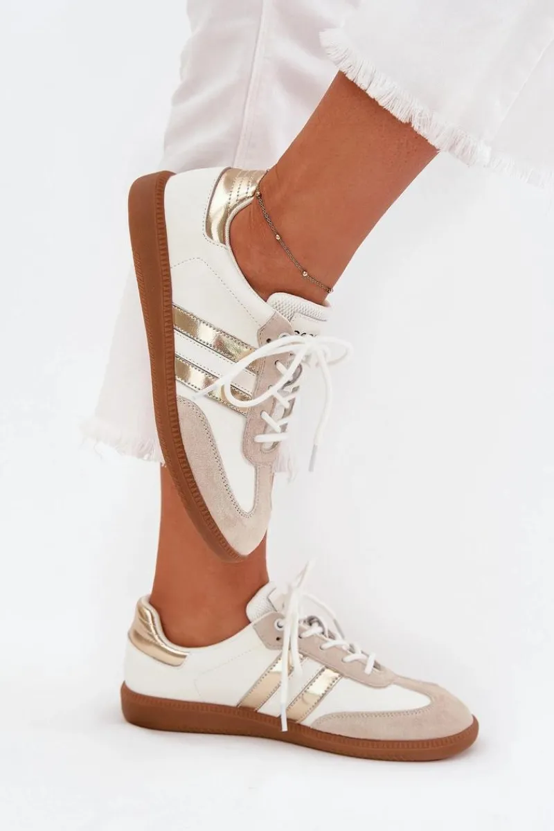 Sale Boto Niskie Skórzane Sneakersy Damskie Biało-Złote Ismina