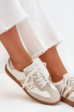Sale Boto Niskie Skórzane Sneakersy Damskie Biało-Złote Ismina