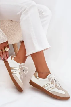 Sale Boto Niskie Skórzane Sneakersy Damskie Biało-Złote Ismina