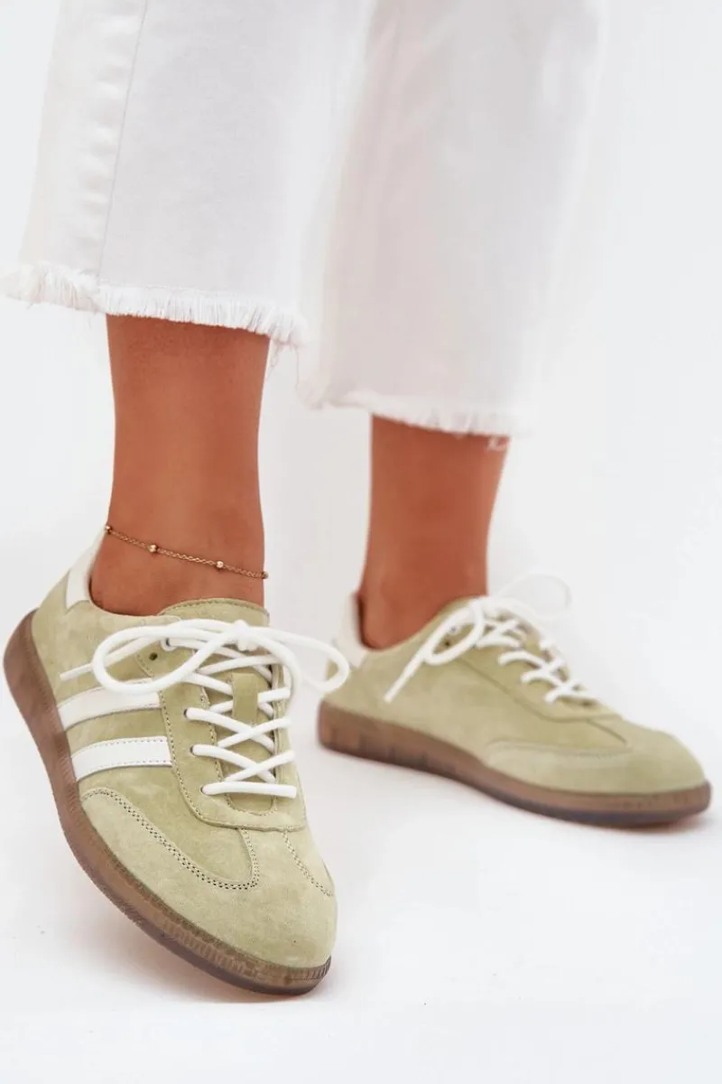 Outlet Niskie Skórzane Sneakersy Damskie Limonkowe Ismina Damskie Sneakersy Damskie