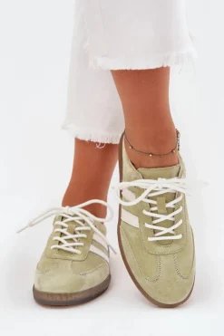 Outlet Niskie Skórzane Sneakersy Damskie Limonkowe Ismina Damskie Sneakersy Damskie